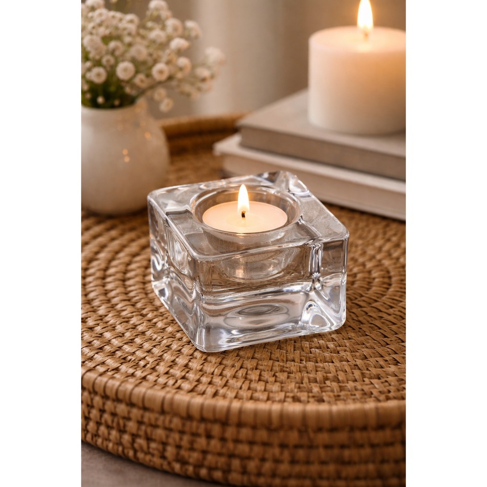 Orrefors Sweden Crystal Cube Votive Candle‎ Holder Signed Clear Art Glass Heavy